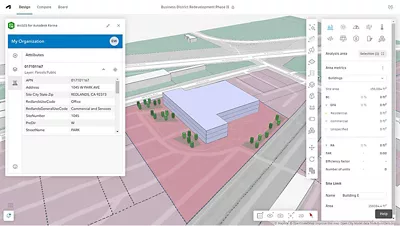 Modèle 3D d’un bâtiment en zone urbaine, avec affichage des attributs du bâtiment et des informations sur le site dans la fenêtre ArcGIS for Autodesk Forma