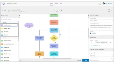 Screenshot of a flowchart design with squares and text connected by arrows showing a step being dropped into a workflow