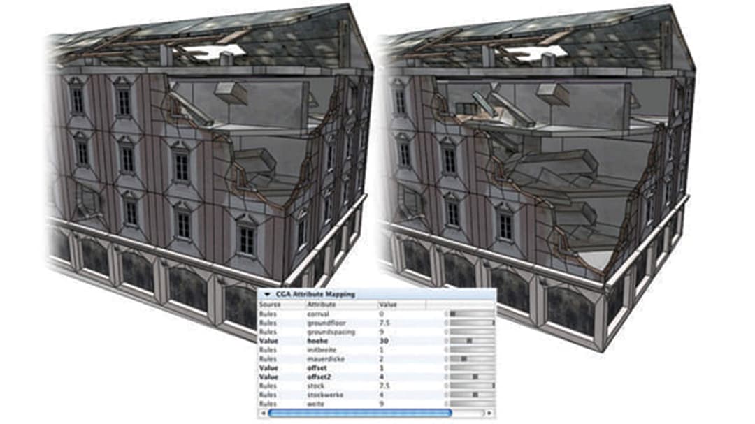Schermata dal software CityEngine usato per costruire la scena post-apocalittica della città europea
