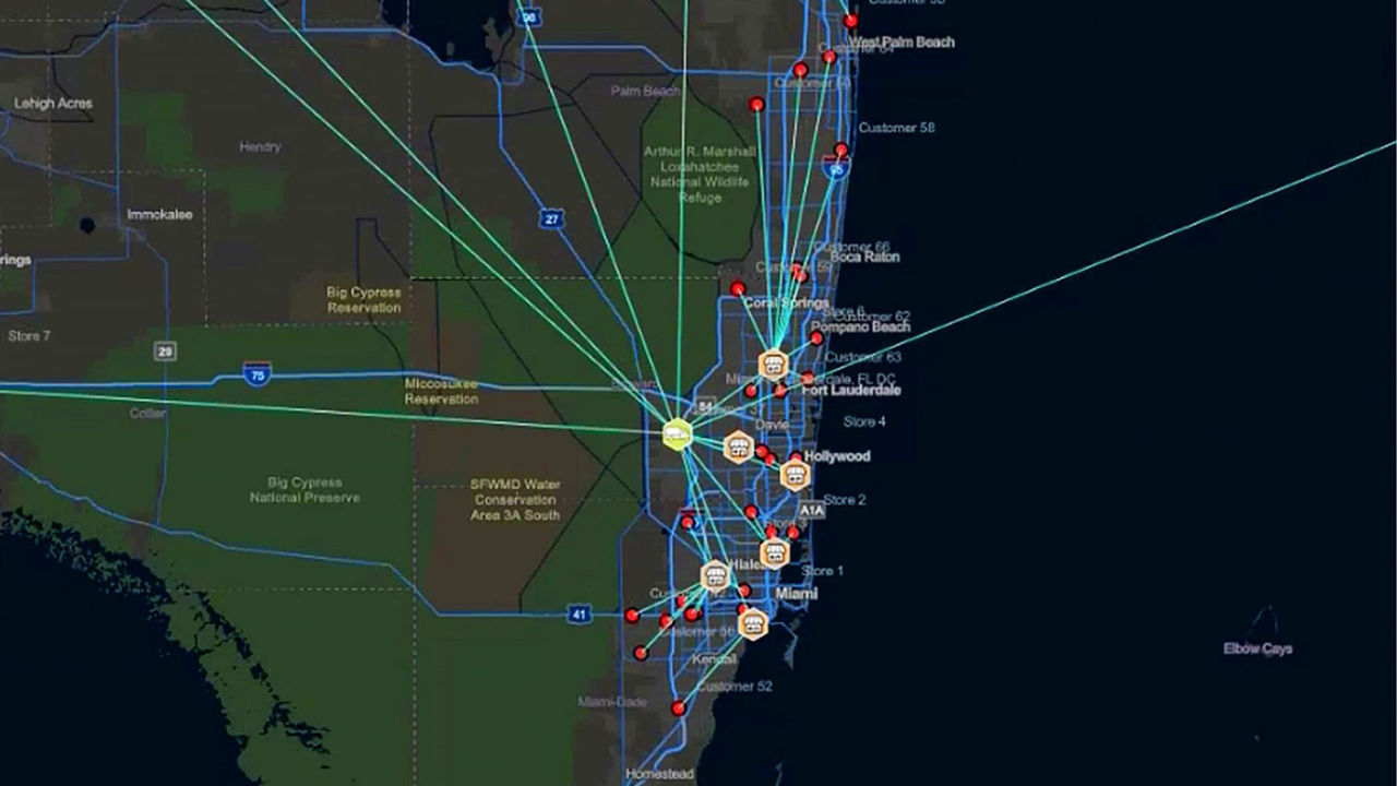Mappa della catena di approvvigionamento della costa della Florida con annotazioni che indicano diverse destinazioni negli Stati Uniti