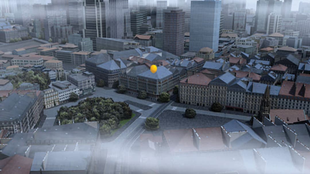 CityEngine で表現した、黄色い気球が遠くに浮かんでいる霧がかった街並み