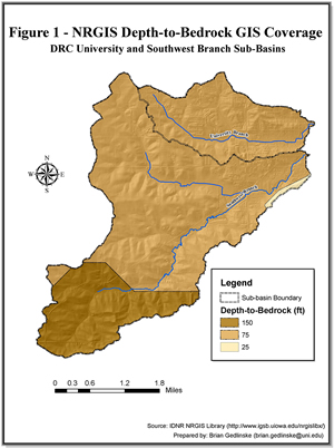 This generalized GIS data suggests bedrock depth ranges from 25 to 150 feet across the study site.