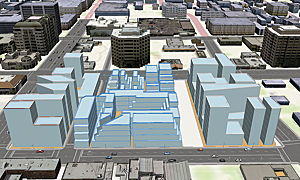 A block-building representation of the city's zoning regulations.