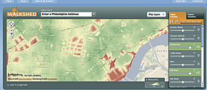 The Walkshed application shows different walk scores for a neighborhood in Philadelphia, Pennsylvania.