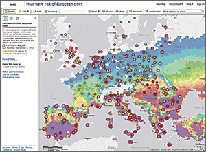 The European Environment Agency's heat wave risk map, powered by ArcGIS Online, shows that the southern region of Europe is most likely to see an increase in daytime and nighttime temperatures due to global climate change. (Source: EEA.)