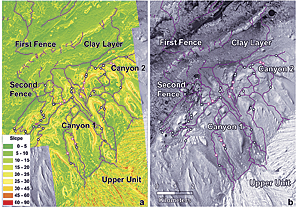 One-meter slope map (a) and corresponding HiRISE image (b) showing traversable paths (in purple) through high science priority clay and sulfate deposits south of the Gale Crater ellipse.