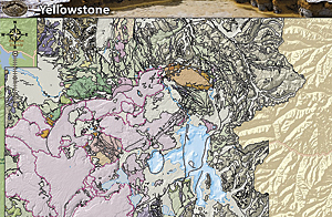 The map illustrates the geology, earthquakes, and hydrothermal areas that make up Yellowstone National Park. The website allows users to view layers ranging from past geologic events to satellite imagery, lake bathymetry, and volcano monitoring equipment in the park.