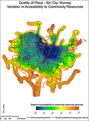 Kristen Fjeldstad's thesis used ArcGIS Network Analyst and Spatial Analyst to assess quality of place and its relationship to community resources.