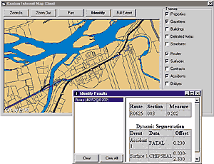 Thin client application showing dynamic segmentation. Surface and accident data is given in a report window.