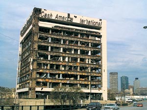 photo of tornado damage to downtown office building in Fort Worth in March 2000