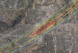 aerial photograph with tornado path and its damage areas superimposed