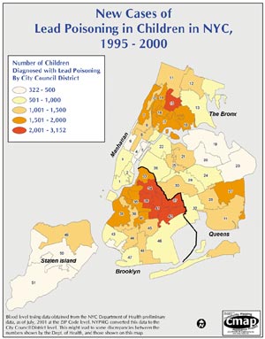 map of new cases of lead poisoning in children in New York City, 1995 to 2000; click to see enlargement