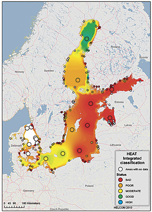 Heat-integrated classification shows the status of eutrophication in locations around the Baltic Sea.
