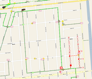 RCN can view its network elements such as the hub site (upper left) and fiber-optic-fed commercial buildings (top center).