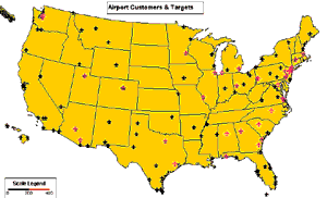 This map shows current customers with market analyzer data showing targets for airports