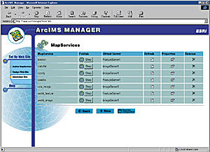 screen shot of ArcIMS Manager with MapServices menu active