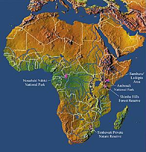 Locations of some of the national parks and reserves in Africa