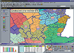 screen shot of autoBound 3.2 for ArcView GIS showing proposed district boundaries and ratios