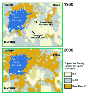 2 maps of Lake Victoria, Africa, area, showing changes over past 50 years in national parks' isolation