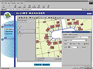 ArcIMS Manager screen shot showing its tools for authoring, designing, and administering Web pages