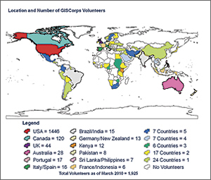 map of location and number of GISCorps volunteers, click to enlarge