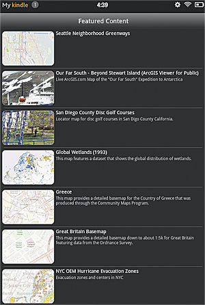 Browse featured content in ArcGIS Online using the ArcGIS for Android application on Kindle Fire.