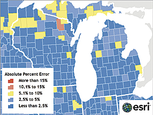 This map inset of data from vendor 2 (Esri) shows a less than 2.5 percent error for most counties in Michigan and Wisconsin.