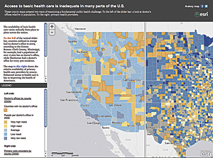 A swipe tool helps users view the distribution of health care in the United States.