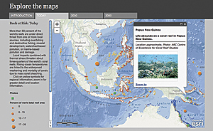 Tabs provide access to maps predicting coral reef risk levels.