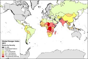 This Hunger map is based on the 2011 Global Hunger Index score displayed per country. 