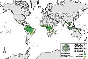 Map showing zones of best and suitable growing conditions for breadfruit.