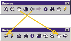 two Browse tool bars showing the before and after positions of buttons when dragging them to new positions