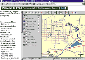 Java-based PFAS application developed for the Penn. DEP to provide customized spatial and tabular query, location, and reporting functions over a standard Intranet connection via a browser