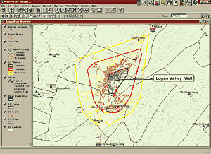 ArcView Business Analyst calculates drive times using street networks and actual speed limits.