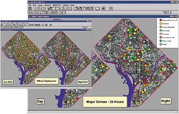 ArcView GIS maps used to compare crimes versus deployment of patrol officers