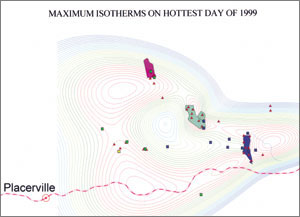 map of Maximum Isotherms on the Hottest Day in 1999; click to see enlargement