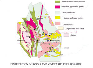 map of the distribution of rocks and vineyards in El Dorado County; click to see enlargement