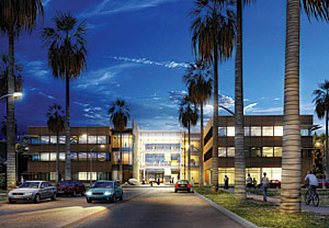 artist rendering of new building at night