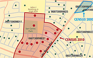 Census 2000 Block Group 060730098031 (blue) moved (red) in Census 2010. Using old data will yield completely inaccurate results.
