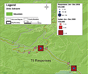 This ArcGIS analysis allowed branch staff to make sure ambulance services were in compliance with county regulations.