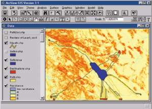 ArcView GIS map showing proposed pipeline paths and the input and output data for a model