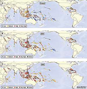 The top map (A) shows reefs classified by present integrated threats from local activities.