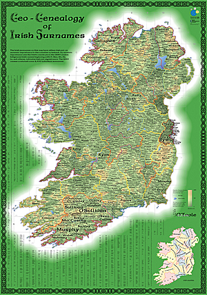 The original print version of the Geo-Genealogy of Irish Surnames map, created for the 2009 Esri User Conference.
