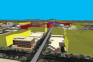 This 3D rendering shows the proposed development intensity for residential (yellow), commercial (red), and mixed use (purple).