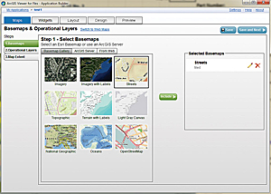 Use the ArcGIS Viewer for Flex application builder to choose basemaps and operational layers for an application
