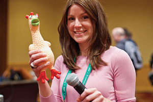 A squeaking rubber chicken signaled the end of each five-minute presentation by an Esri staff member.