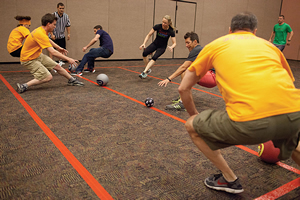 Competitors at the Dodgeball Game, a DevSummit tradition,