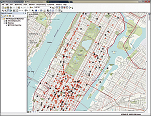 Open the WiFi Hotspots in Manhattan map in ArcGIS 10.1 for Desktop. Create the WiFi_HotSpots_NYC feature class in the new Manhattan file geodatabase to enable spatial analysis on the hot spot locations.