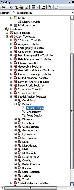 Activate the ArcGIS Spatial Analyst extension and locate the Kernel Density tool in the Density toolset in the Spatial Analyst toolbox.