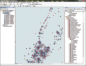Place the raster created by the Kernel Density tool in the Manhattan file geodatabase.